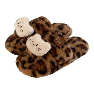 细细条 韩版二字棉拖鞋女甜酷豹纹卡通小猫咪秋冬室内外毛毛拖鞋