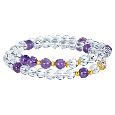 金至尊水晶金一念清黄金手串白紫水晶双圈金珠手链新年礼物送女友