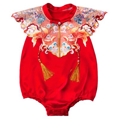 宝宝红色真丝周岁礼服蚕丝连体衣