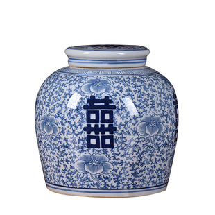 景德镇瓷器中式仿古青花陶瓷罐双喜字储物茶叶罐将军罐家居装饰品