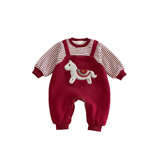 新年男女宝宝拜年服马年冬季加绒保暖连体衣喜庆红色婴儿过年衣服