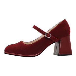 红色玛丽珍鞋秋冬丝绒高级感新娘鞋女小码高跟鞋胖脚宽脚大码婚鞋