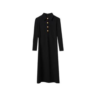 朗姿2025年秋季新款黑色长裙高级感气质法式设计感收腰衬衫连衣裙