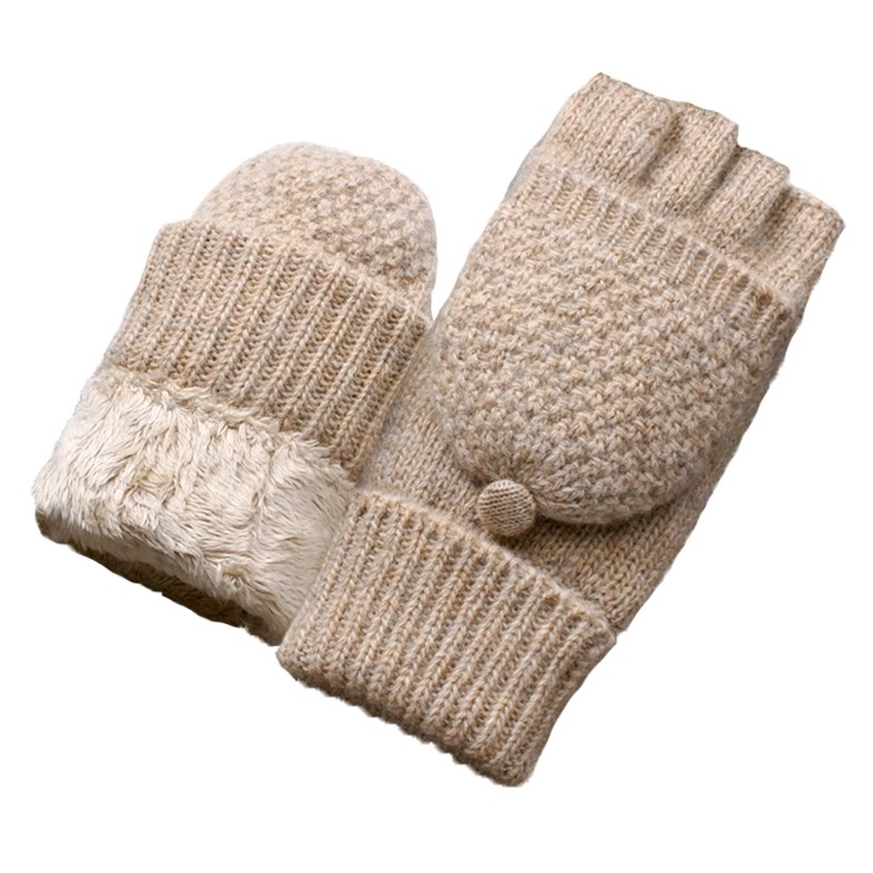 秋冬天加绒加厚露指半截翻盖针织羊毛半指手套女冬季保暖防寒防冻
