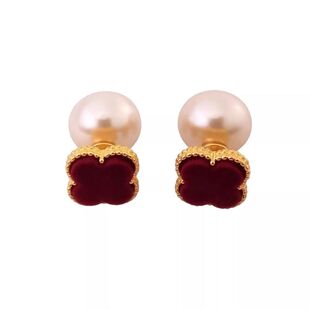 复古安可拉红色幸运草丝绒耳钉正反两戴耳环法式设计耳饰新年银针