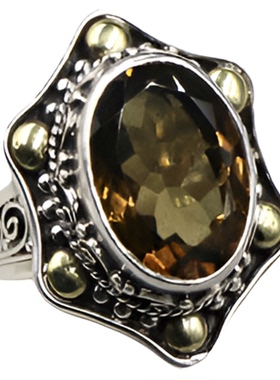 尼泊尔黄水晶纯银戒指女民族风