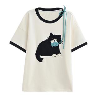 森女部落学院风猫咪刺绣短袖T恤女2026新款撞色设计感宽松上衣夏