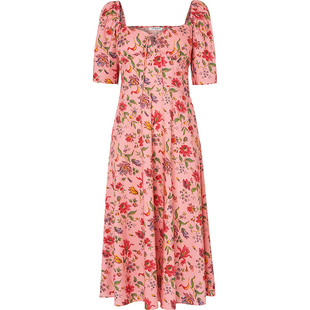 LK BENNETT粉色碎花连衣裙女夏泡泡袖桃心领高腰长裙法式度假风