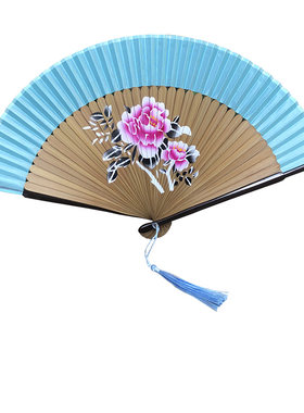 蓝色表演扇子汉服折扇随身好开合