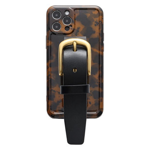 玳瑁琥珀色头层牛皮带手腕带支架手机壳适用于苹果16Promax复古欧美风原创经典iPhone17Pro全包软壳15保护套