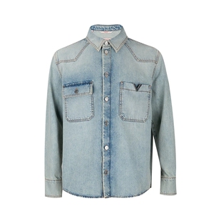 Valentino/华伦天奴男士水洗前口袋纽扣翻领长袖牛仔衬衫男秋冬