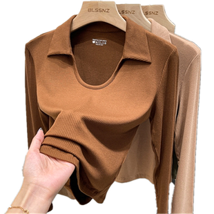 长袖t恤女短款秋冬2022新款锁骨方领上衣女修身螺纹打底衫女内搭