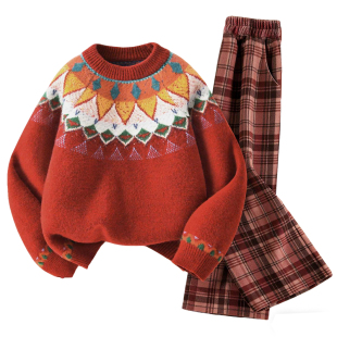 巴布豆女童拜年服套装2026新款加绒冬装小女孩红色毛衣儿童阔腿裤