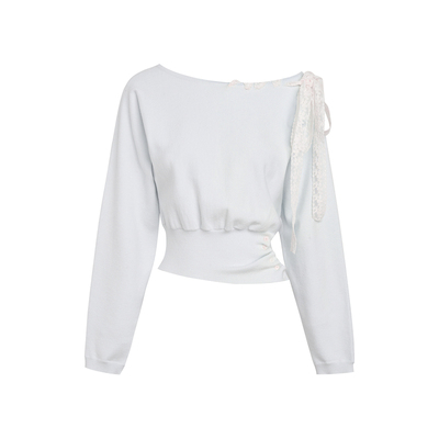 斜肩穿绳蕾丝飘带套头长袖针织衫