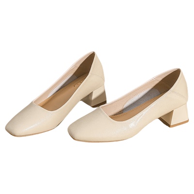 真皮法式单鞋女2026新款浅口方头粗跟裸色鞋配旗袍工作皮鞋通勤鞋