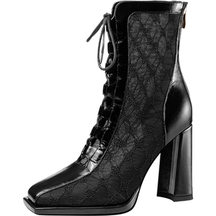 方头粗跟高跟鞋2026夏季新款白色气质交叉绑带凉靴蕾丝真皮凉鞋女