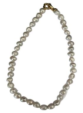 7-10mm几乎无瑕极光白天然淡水巴洛克碎银珍珠颈链金色925纯银扣