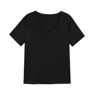 MULVAN 清感薄荷 白色u领短袖t恤女纯色莱赛尔宽松正肩微透上衣