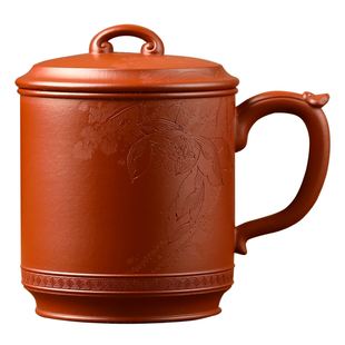 高端宜兴紫砂杯名家李建军纯手工泡茶杯 刻绘盖杯赵庄老朱泥360cc