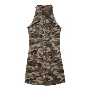 无袖连衣裙夏季女polo领辣妹风挂脖性感显收瘦连身短款迷彩服裙子