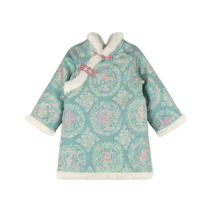 大耳象女童毛条旗袍裙冬新款宝儿夹棉拜年服织锦加厚长袖连衣裙子