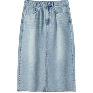 森柔牛仔|森马牛仔半身裙女毛边潮流夏季显瘦复古开叉直筒裙个性