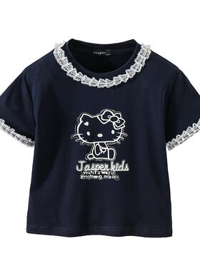 女童2026夏季洋气蕾丝kt猫T恤潮