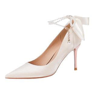 法式绸缎单鞋女日常可穿白色伴娘新娘配婚纱婚鞋细跟成人礼高跟鞋