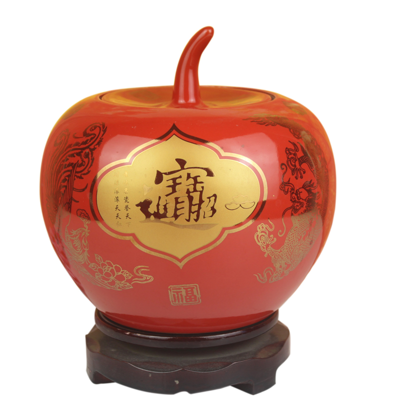 景德镇陶瓷器中国红苹果带盖花瓶摆件客厅电视柜喜字坛装饰储物罐