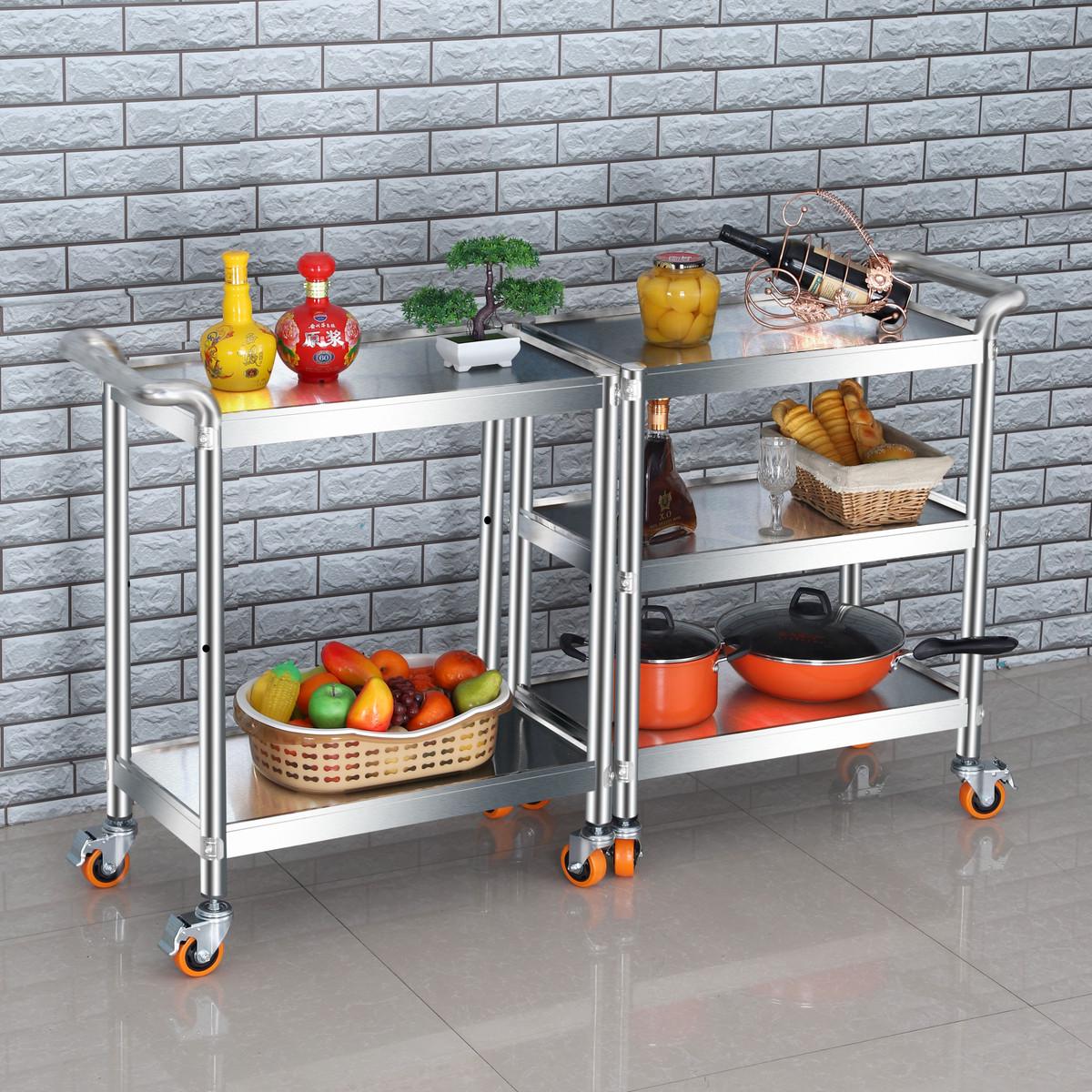 厨房不锈钢两层置物架带轮送餐具碗叠小推车工厂酒店餐厅移动收纳