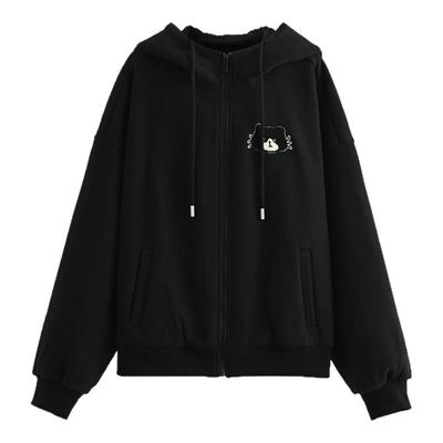 森女部落甜美可爱猫咪长袖加绒外套情侣装新款简约宽松连帽上衣秋