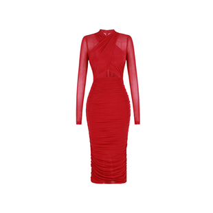 XULU原创秋季亲肤弹力韩国网纯色褶皱时尚气质修身长袖V领连衣裙