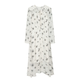 伊芙丽outlets店系带圆领气质黑白花真丝碎花连衣裙衬衫春夏女