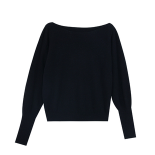 Maven Lin高阶质感 100%羊毛斜肩长袖针织衫女气质一字船领上衣