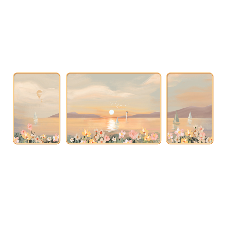 北欧风客厅装饰画花海奶油风海上日出小清新风景沙发背景墙三联画