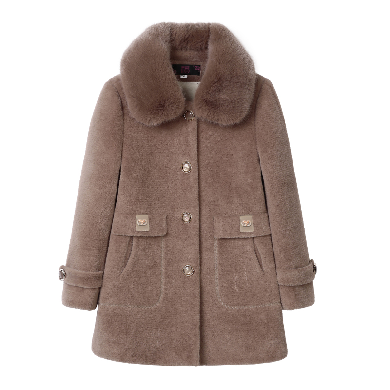 妈妈装加绒水貂绒外套女2023冬季新款洋气中老年气质加厚毛呢大衣