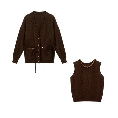 cchen陈陈-私有浪漫 牦牛绒针织开衫中长款外套无袖背心毛衣套装