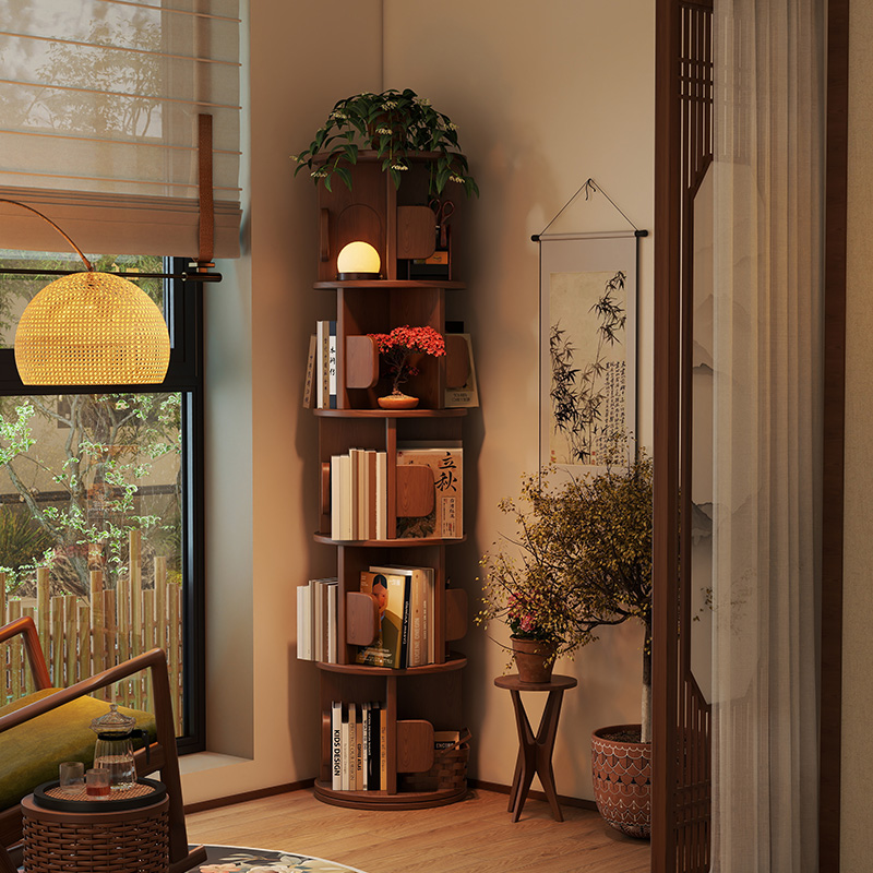 中古风小户型实木360°旋转书架大容量不占地置物架收纳架储物架