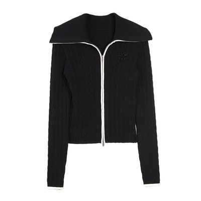 ELLE黑色绞花撞色翻领针织开衫