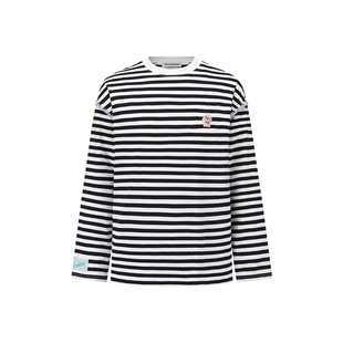 吴添豪同款Alexia Sandra新款条纹撞色贝壳绣落肩长袖T恤宽松上衣