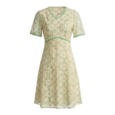 马天奴夏季法式V领蕾丝连衣裙