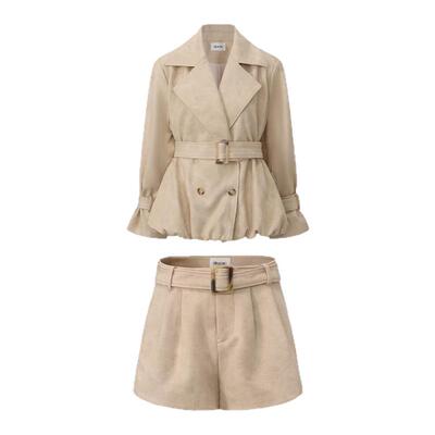 SIJIA SUDIO 2025秋季新款麂皮收腰皮风衣短裤套装女时尚卡其套装