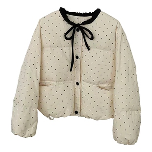 花花家韩系2025秋冬新款甜美波点棉服女保暖百搭圆领绑带短款外套