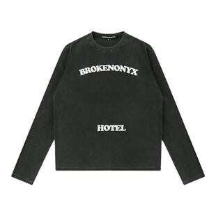 Brokenonyx 甄选面料全棉闪粉LOGO印花长袖水洗磨白宽松打底衫