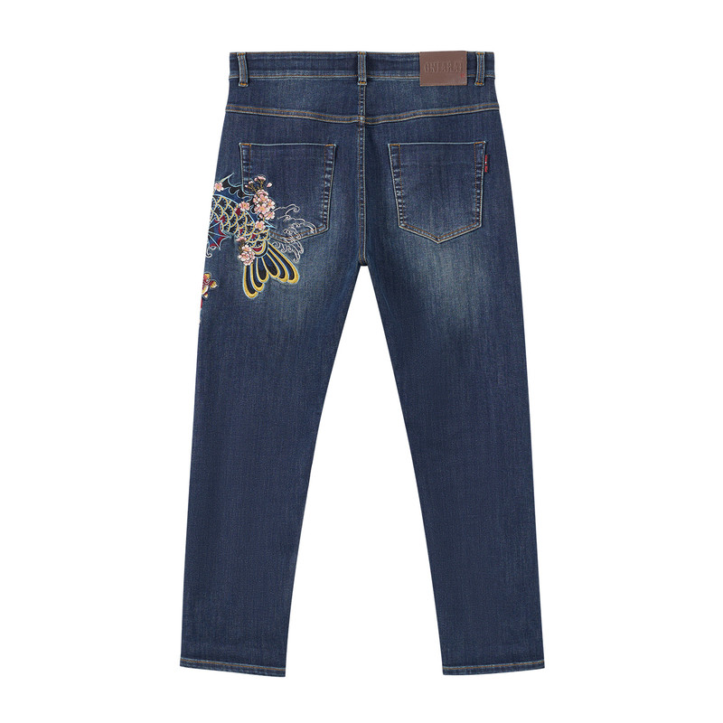 ONIARAI/鬼洗26秋新品泥棒蓝招财鱼灯绣花休闲牛仔裤男 26N3404