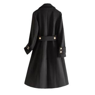 欧购夏娃徐睿知李莱尔同款黑色毛呢外套女双排扣中长款收腰羊毛大