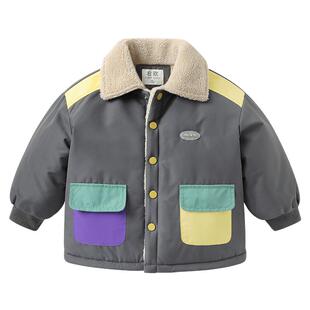 右欧儿童加绒加厚棉服外套保暖冬季新款童装男童女童翻领撞色棉衣