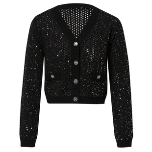 La Koradior拉珂蒂女商场同款时尚秋季新款黑色拼接针织上衣开衫