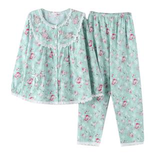 春秋季女士睡衣梭织纯棉长袖长裤开扣女式家居服100%全棉大码套装
