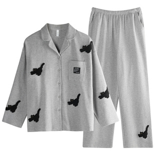 轩靓情侣睡衣女春秋款纯棉长袖四季通用家居服男华夫格可外穿套装